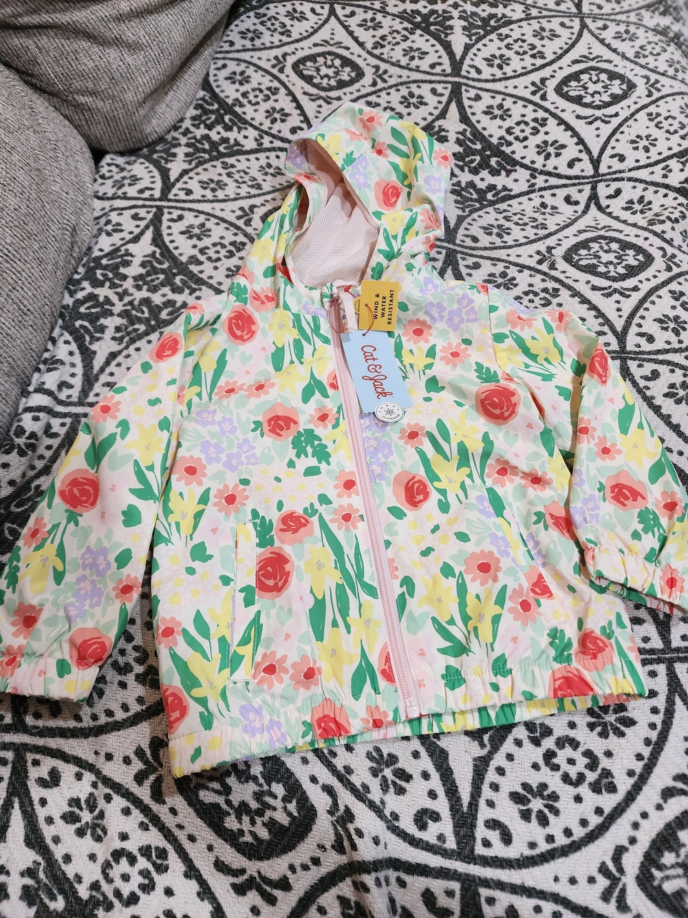 Cat & Jack Coral garden Floral Hooded Rain Jacket for Kids 2T New